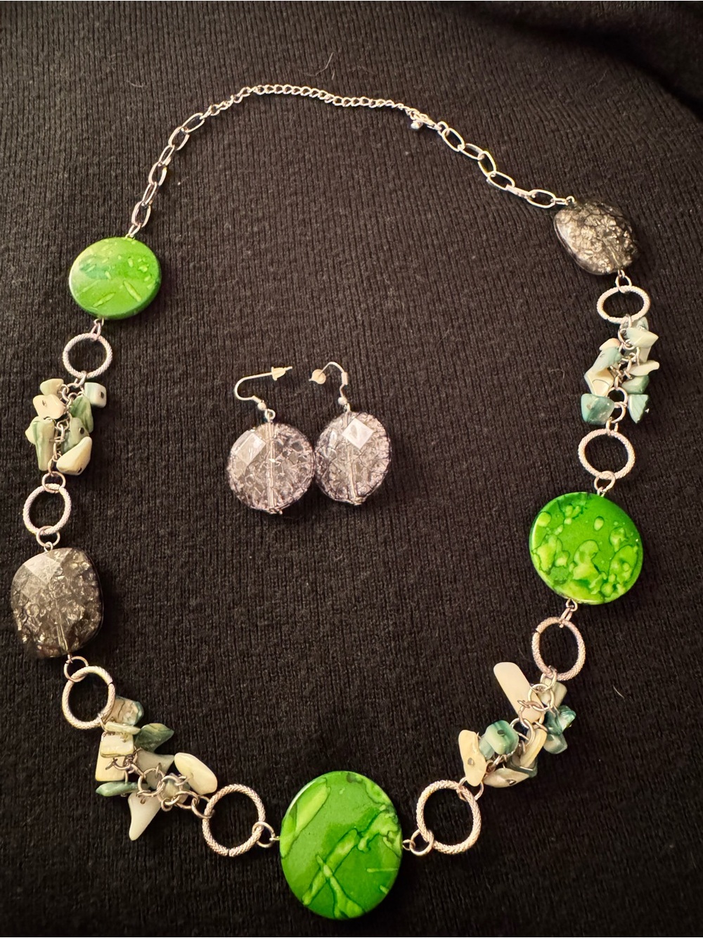 Green Shell Disc Necklace with Matching Earrings by